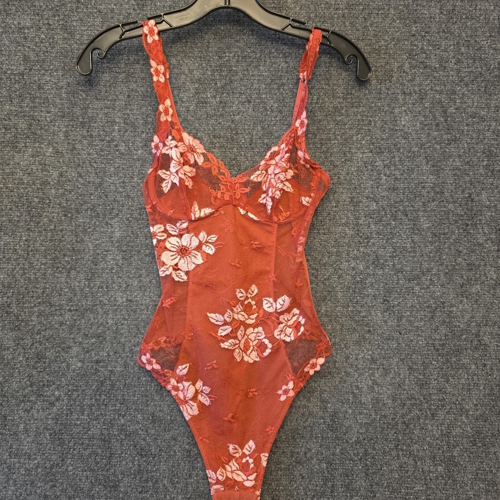 La‎ Perla Teddy Womens 2 XS Red Floral Lace Sheer Embroidered Italy Stretch